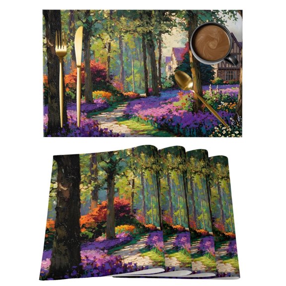 Forest Path Placemats Set of 2 Farmhouse Nature Purple Flower House Tree Place Mats Indoor Wipeable Table Mats Washable Cloth Dining Table Placemats for Kitchen Holiday Party Home Decor 13x19 Inch