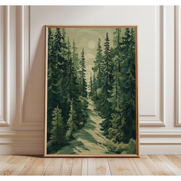 Forest Path Poster Green Pine Nature Landscape Wall Art Illustration Unframed Paper Print