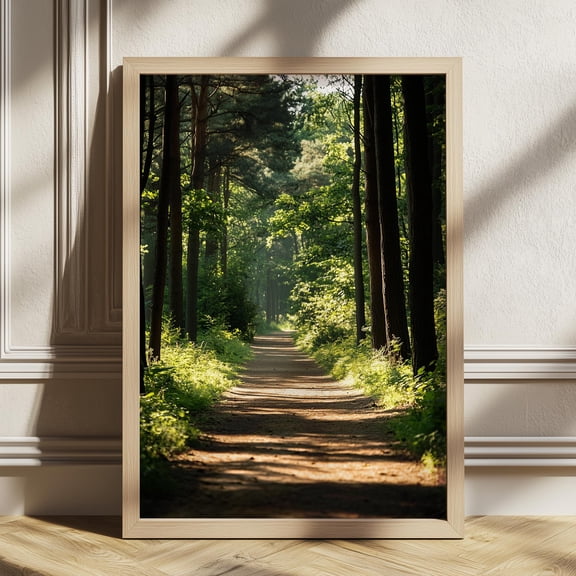 Forest Path Poster Sunlit Woodland Trail Peaceful Nature Wall Art Green Forest Landscape Poster Wall Art Vintage Poster , Poster Print Only
