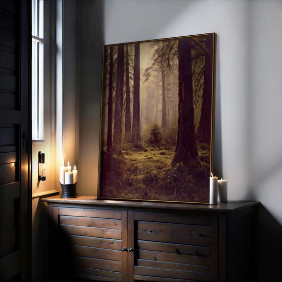 Forest Path Print Through Misty Woods Landscape Of Antique Trees In Moody Nature Art For Dark Academia Wall Decor, Unframed Paper Print