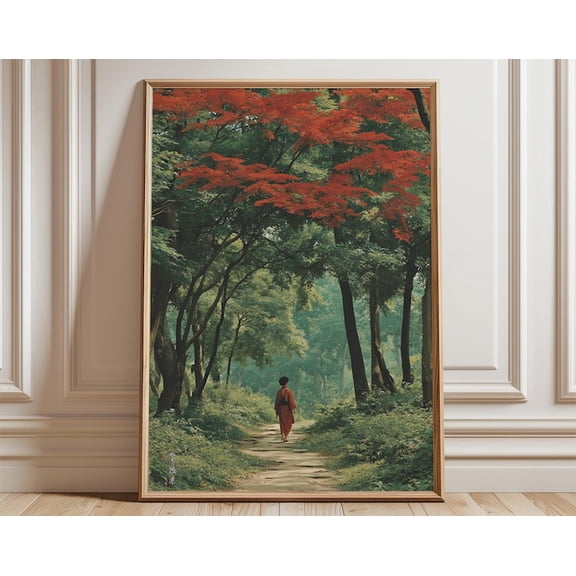 Forest Path Red Maple Tree Wall Art Print, Unframed Paper Poster 16x20in