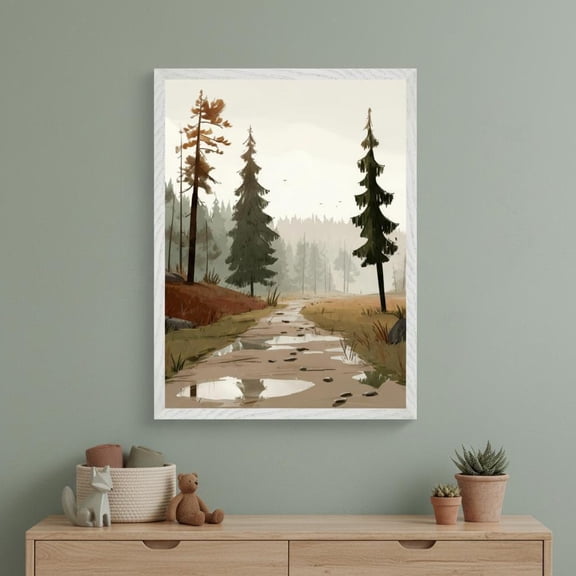 Forest Path Stylized Digital Art Wall Pine Tree Landscape Print Misty Woodland Poster Mood