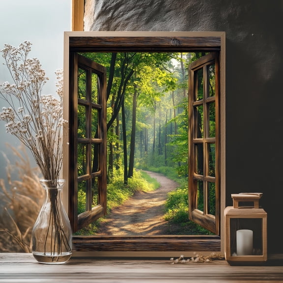Forest Path Wall Art Window View Nature Poster Rustic Woodland Home Decor Landscape Poster, Poster Only