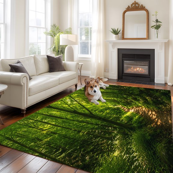 Forest Path Washable Area Rug 5x8 Summer Green Foliage Ancient Trees Low-Profile Large Area Rugs with Non Slip Backing Indoor Floor Carpet for Entrance Living Room Bedroom Home Office