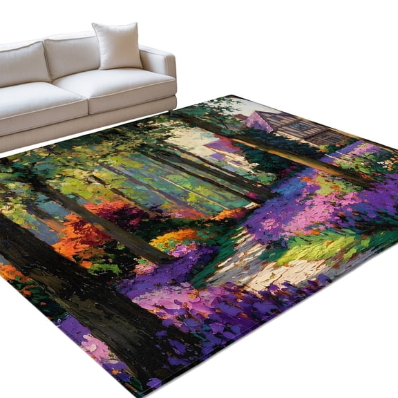 Forest Path Washable Rug 3x5 Area Rug for Living Room Bedroom Non Slip Indoor Floor Rectangle Carpet Low Pile Large Farmhouse Nature Purple Flower House Tree Entryway Rugs for Dining Room Office Home