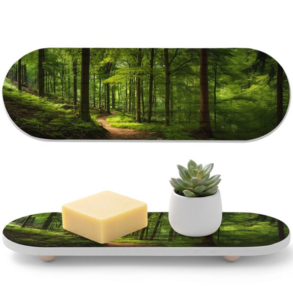 Forest Pathway Diatomaceous Earth Coasters, Rustic Country Natural Green Tree Gold Sunbeam Water Absorbent Diatomite Coaster, Bathroom Tray Stone Dish Drying Mat Kitchen Sink Tray 12x4in