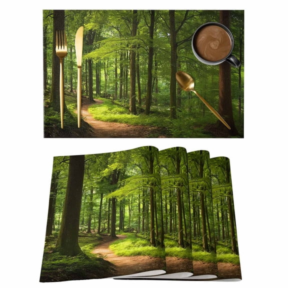 Forest Pathway Placemats Set of 12, Rustic Country Natural Green Tree Gold Sunbeam Non-Slip Place Mats Washable Table Mats for Kitchen Dining Table Decorations Indoor/Outdoor