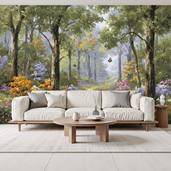 Forest Pathway Wildflowers Wallpaper Serene colorful butterflies woodland Peel and Stick Wall Murals 69"H x 96"W Removable PVC Wall Paper Self-Adhesive Wall Decor for Bedroom Living Room
