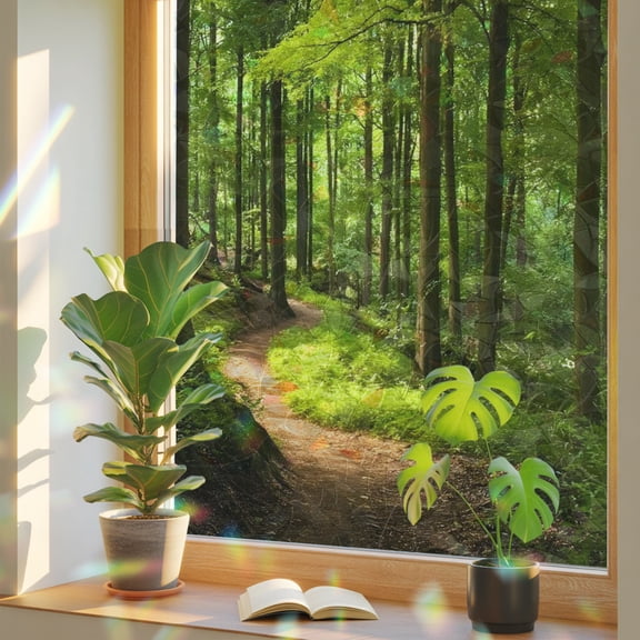 Forest Pathway Window Privacy Film, Rustic Country Natural Green Tree Gold Sunbeam Static Cling Stained Glass Window Sticker Decorative Removable Rainbow Film for Glass 17.7”x39.3”