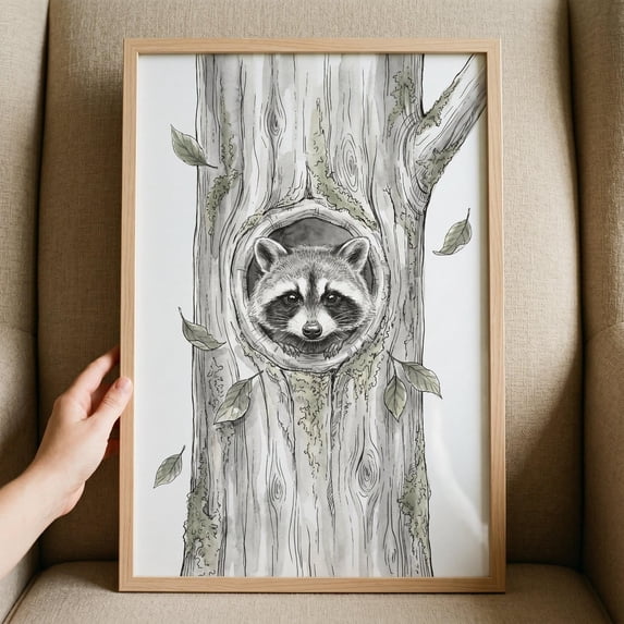 Forest Peeking Tree Hollow Raccoon Woodland Animal Ink Sketch ...