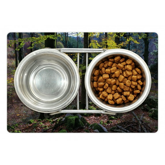 Forest Pet Mat for Food and Water, Natural Scenery Trees Autumn Season in Woods Wilderness Rural Growth Eco Photo, Non-Slip Rubber Mat for Dogs and Cats, 18" X 12", by Ambesonne