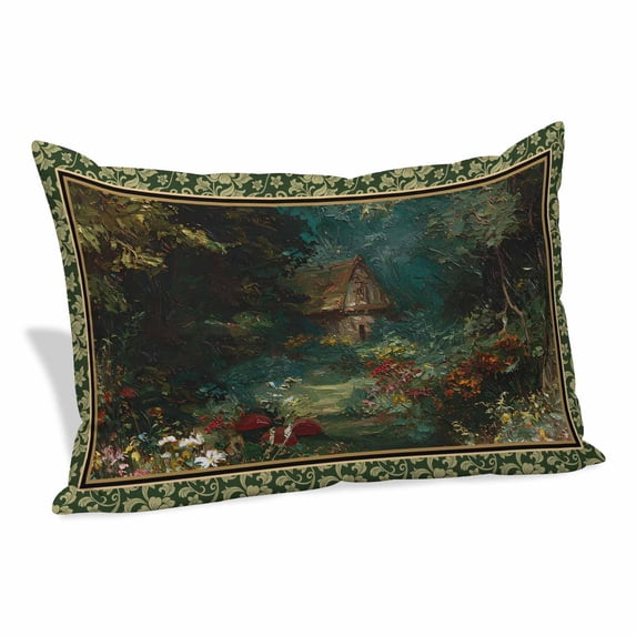 Forest Pillow Covers, Linen Long Throw Pillow Case, Spring Oil Painting Country Cabin Trees Flower Holiday Pillow Protector Decorative Cushion Cover for Living Room/Bedroom 20" x 30"