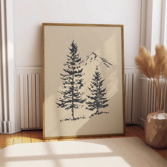 Forest Pine Tree Rocky Mountain Minimalist Landscape Drawing, Unframed Poster