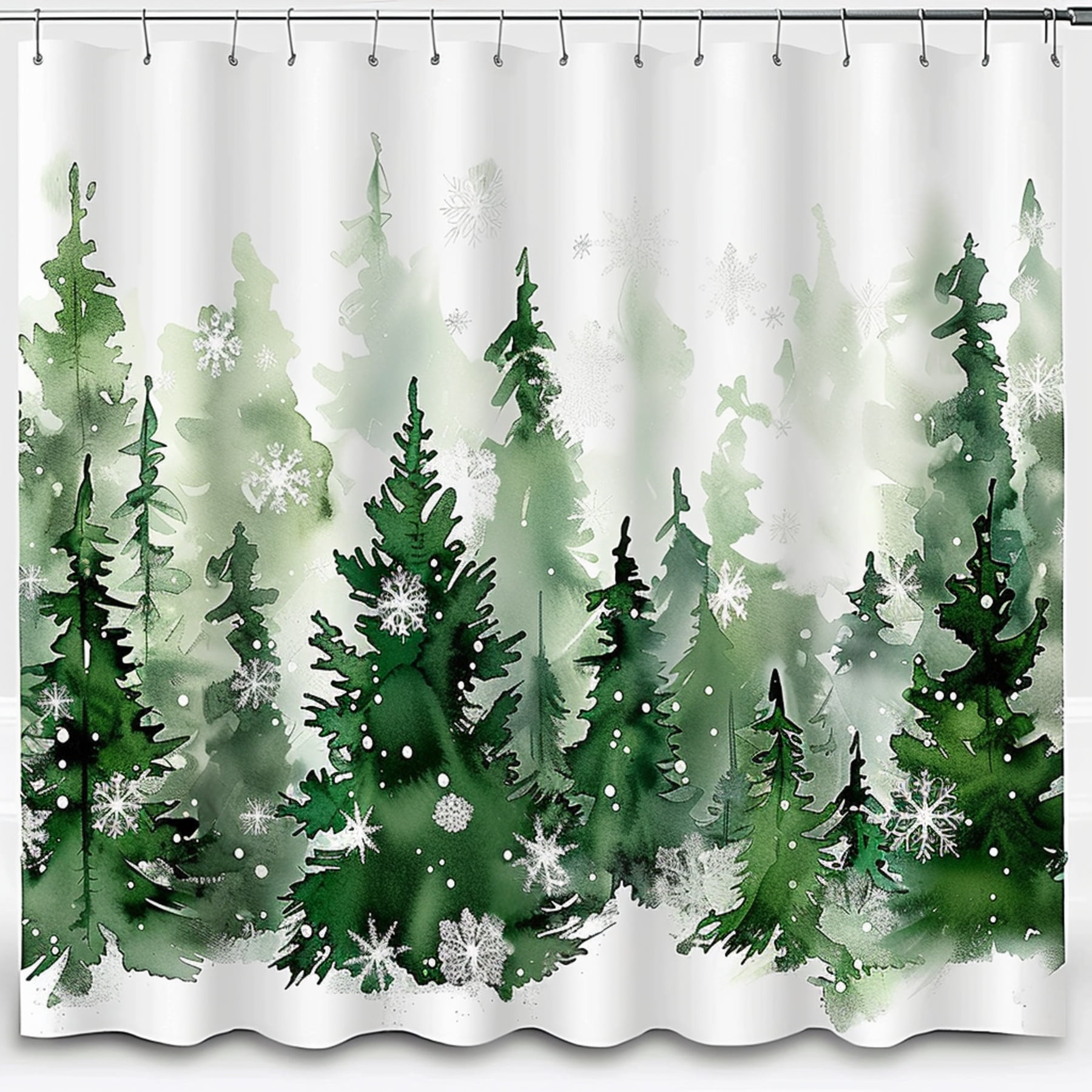 Forest Pine Tree Shower Curtain Green Woodland Bathroom Decor Snowy