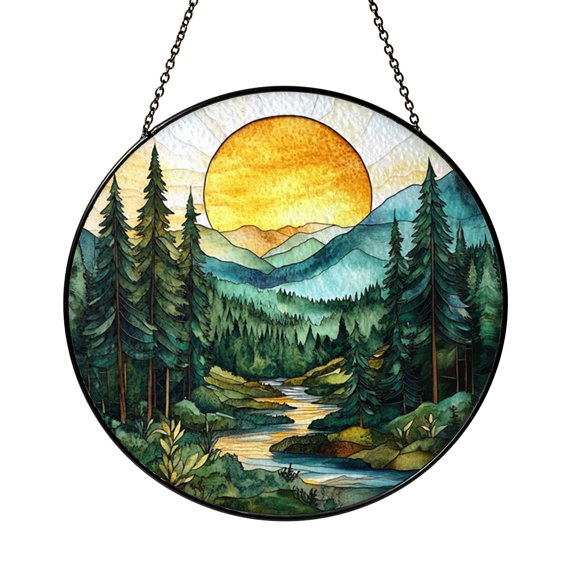 Forest Pine Tree Sunset Stained Glass Suncatcher – Window Hanging