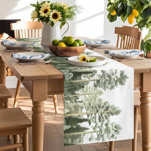 Forest Pine Trees Table Runner, Hand Drawn Plant Washable Kitchen Table Runners Dress Scarves for Dining Table Decorations Party/Restaurant/Indoor Outdoor Use, 13x36in