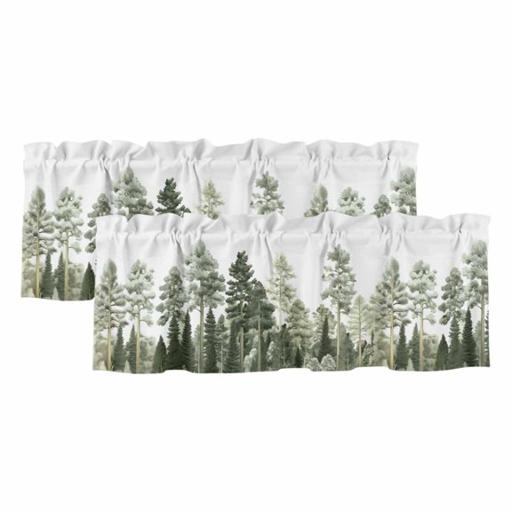 Forest Pine Trees Window Valance, Hand Drawn Plant 2 Pack Decorative Curtain for Small Windows, Light Filtering Valance with 3” Rod Pocket, 42"W x 12"L