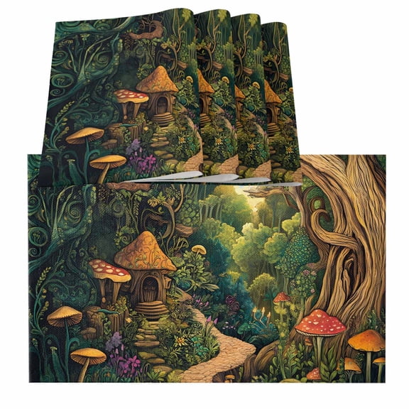 Forest Placemats for Dinning Table Set of 4, Vintage Cottage Mushroom Tree Floral Green Burlap Kitchen Place Mats Waterproof Cloth Table Mats, Indoor Outdoor Placemats Easy Clean Dinner Decor