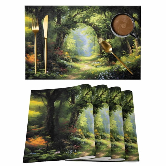 Forest Placemats Set of 6 Nature Woodland Spring Scenic Green Trees Flower Place Mats Indoor Wipeable Table Mats Washable Cloth Dining Table Placemats for Kitchen Holiday Party Home Decor 13x19 Inch