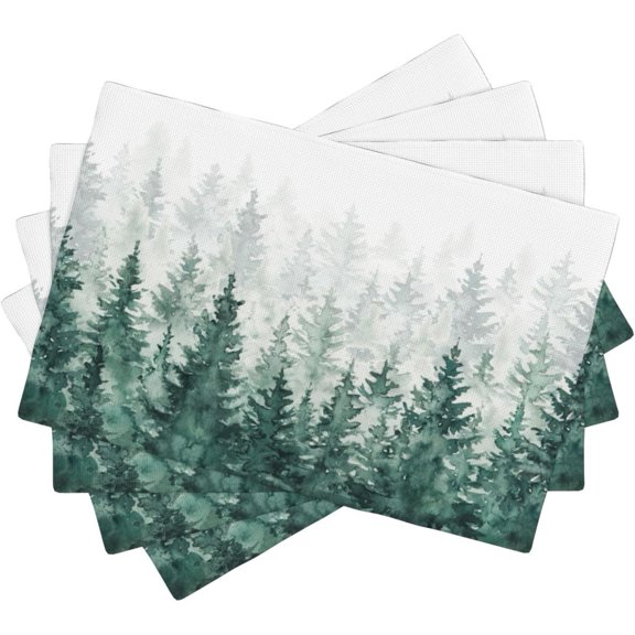 Forest Placemats, Vintage Rustic Watercolour Natural Green Misty Valley Forest Print Washable Fabric Placemats Table Kitchen Dining Party 12x18 Inch Set of 4