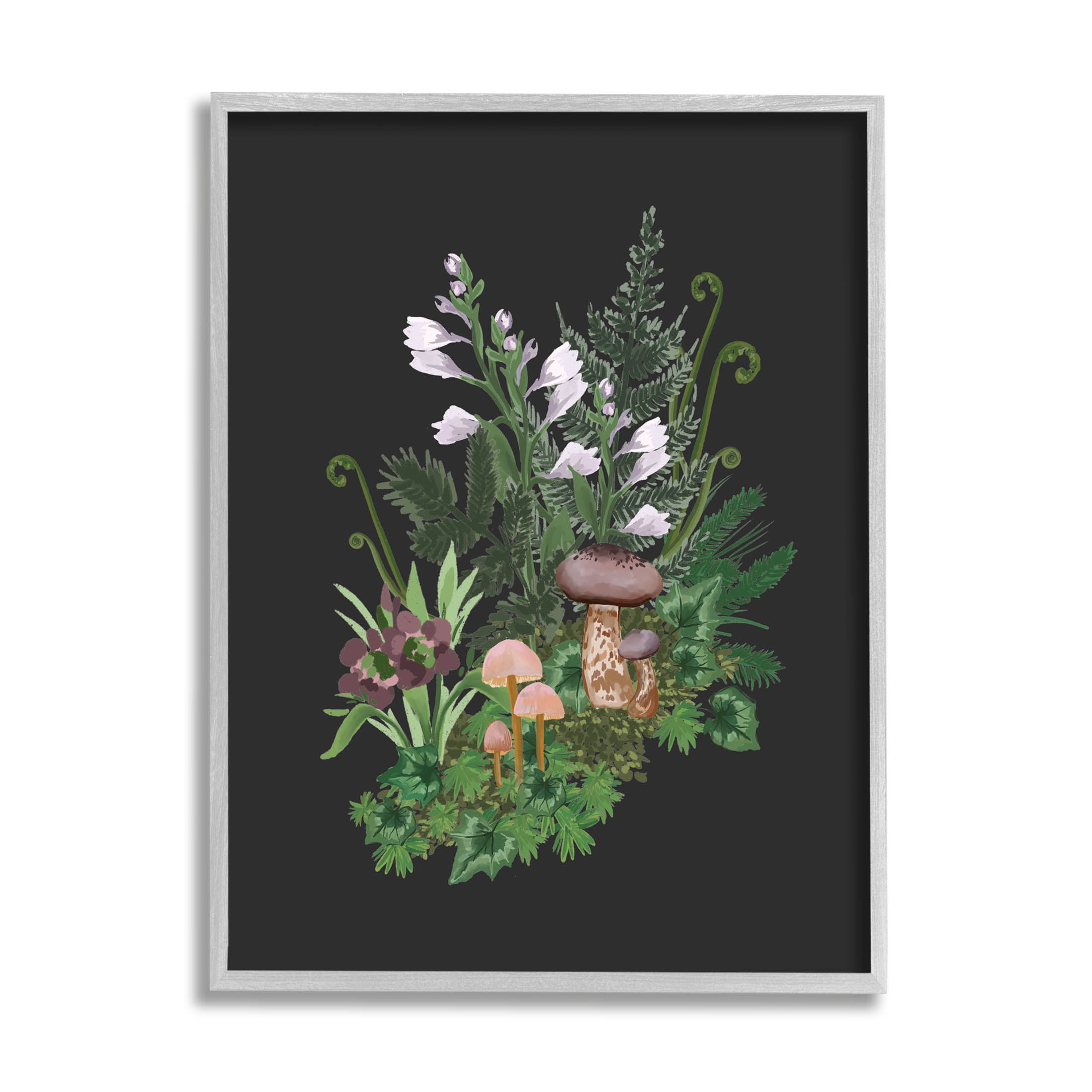 Forest Plants Blooming Mushrooms Botanical & Floral Graphic Art Gray Framed Art Print Wall Art