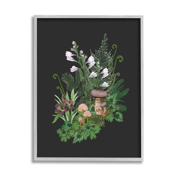 Forest Plants Blooming Mushrooms Botanical & Floral Graphic Art Gray Framed Art Print Wall Art