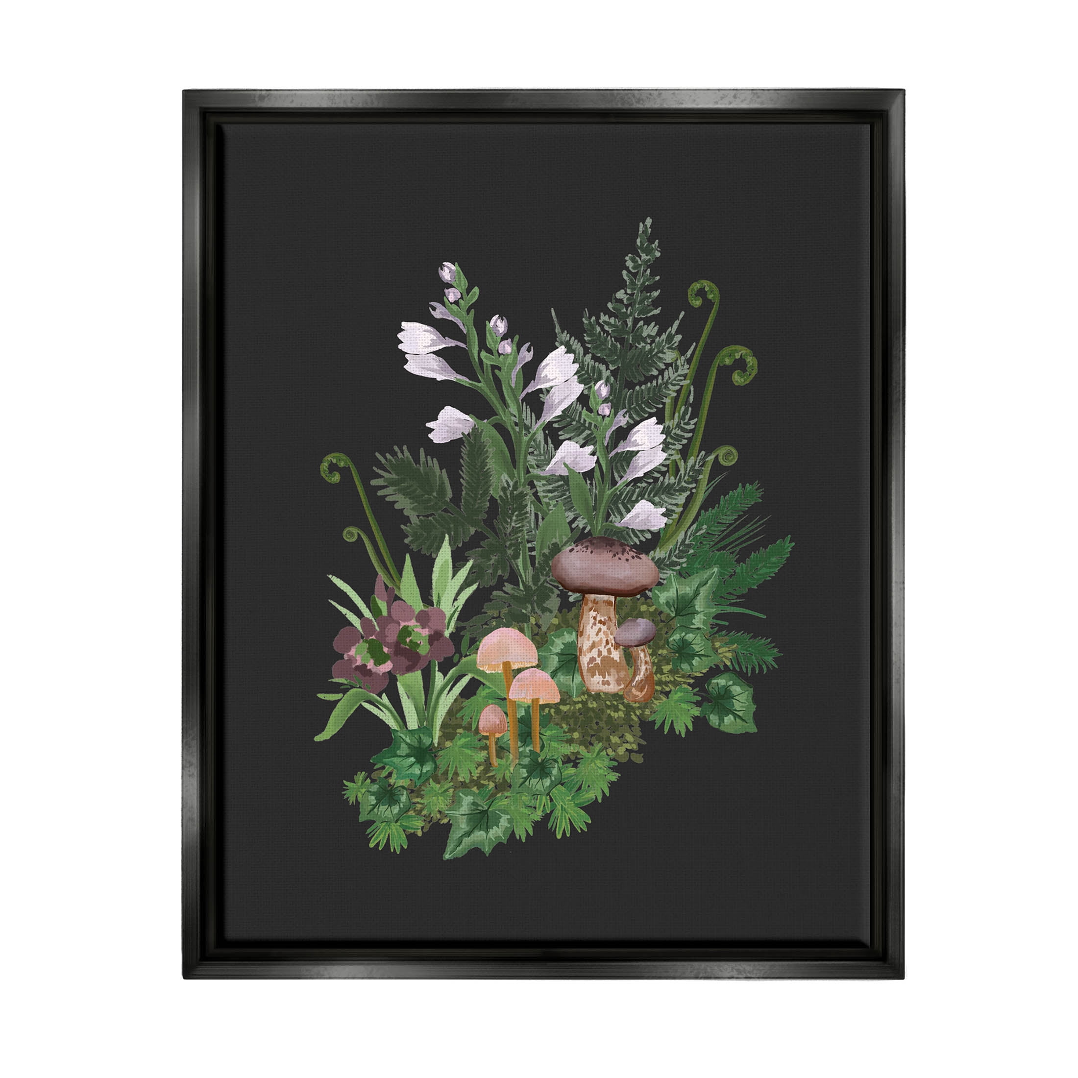 Forest Plants Blooming Mushrooms Botanical & Floral Graphic Art Jet Black Framed Art Print Wall Art