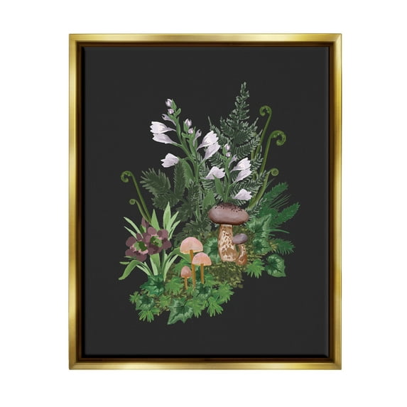 Forest Plants Blooming Mushrooms Botanical & Floral Graphic Art Metallic Gold Framed Art Print Wall Art