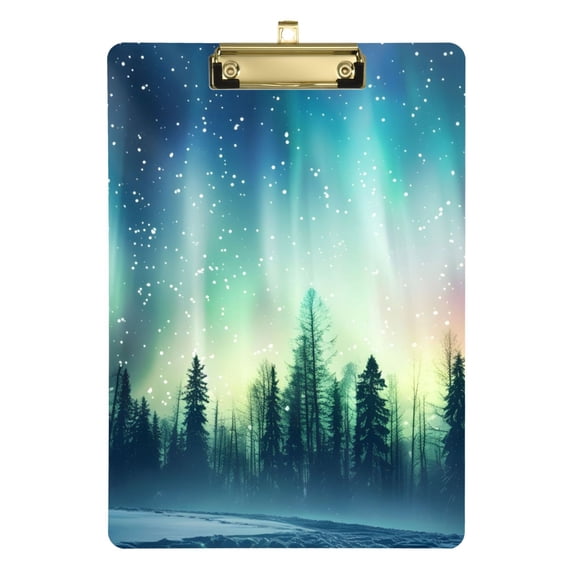 Forest Polar Lights Stars Trees Acrylic Clipboard Drawing Board with Hook Writing Pad File Storage A4 Size Gold 12.5" x 9"