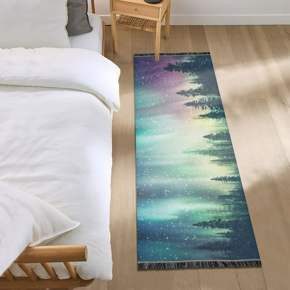 Forest Polar Lights Stars Trees Bedside Runner Rug 2'x 6' Non Slip Carpet Floor Mat Area Rug