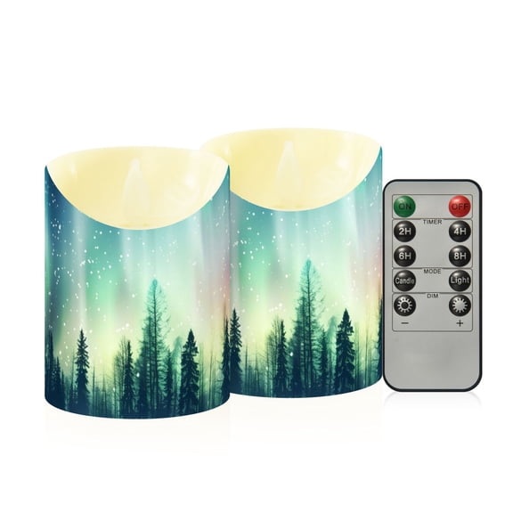Forest Polar Lights Stars Trees Flickering Flameless Candles with Remote Timer Battery Operated LED Tealight Set of 2 M