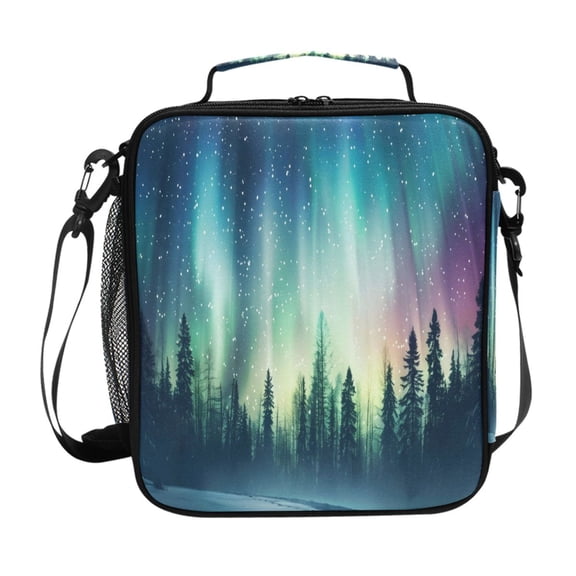 Forest Polar Lights Stars Trees Insulated Lunch Bag Reusable Lunch Box Lunch Container with Straps