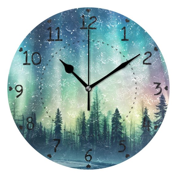 Forest Polar Lights Stars Trees Round Wall Clock Silent Analog Battery Operated Black Pointer Home Decor 9.84" Diameter