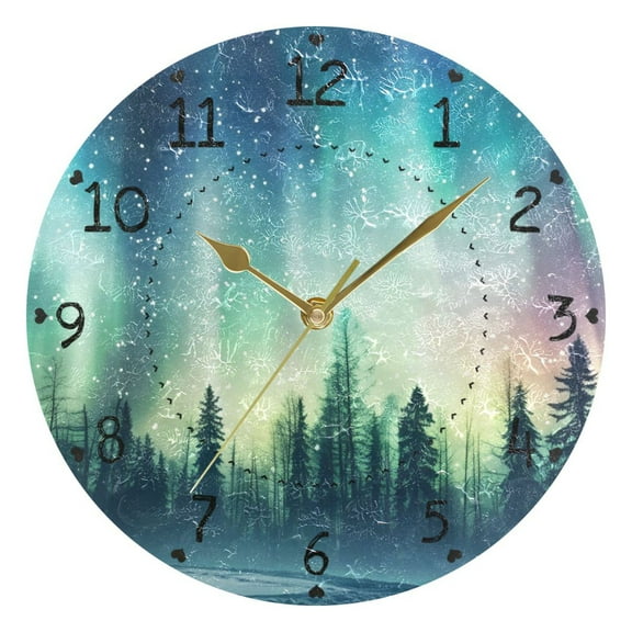 Forest Polar Lights Stars Trees Round Wall Clock Silent Analog Battery Operated Gold Pointer Home Decor 9.84" Diameter