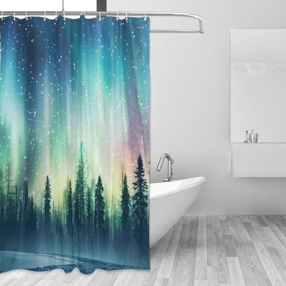 Forest Polar Lights Stars Trees Shower Curtains with 12 Hooks Waterproof Bathroom Decor 66" x 72"