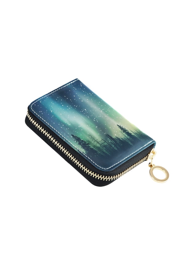 Forest Polar Lights Stars Trees Women's Credit Card Holder PU Leather Zipper Wallet RFID Blocking