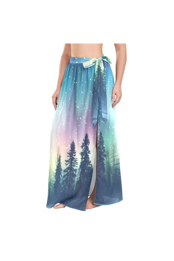 Forest Polar Lights Stars Trees Women's Swimwear Cover Ups Strappy Beach Dress Sarong Wrap L