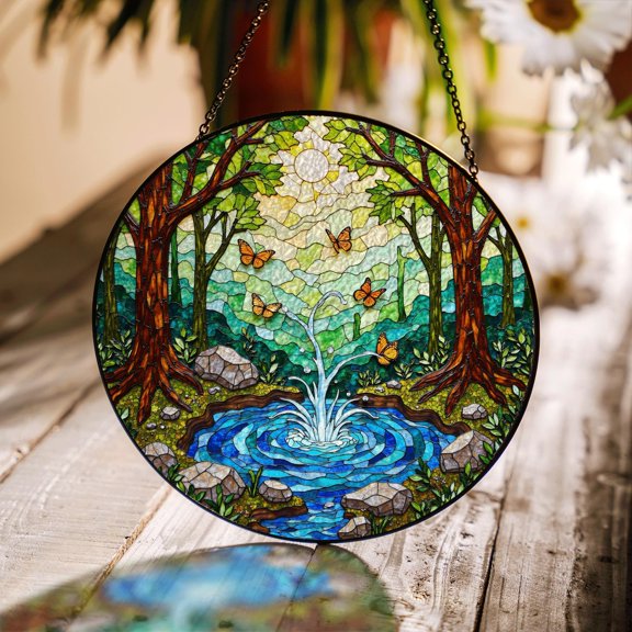 Forest Pond Butterflies Scene Glass Suncatcher, Nature Art, 6.3 in