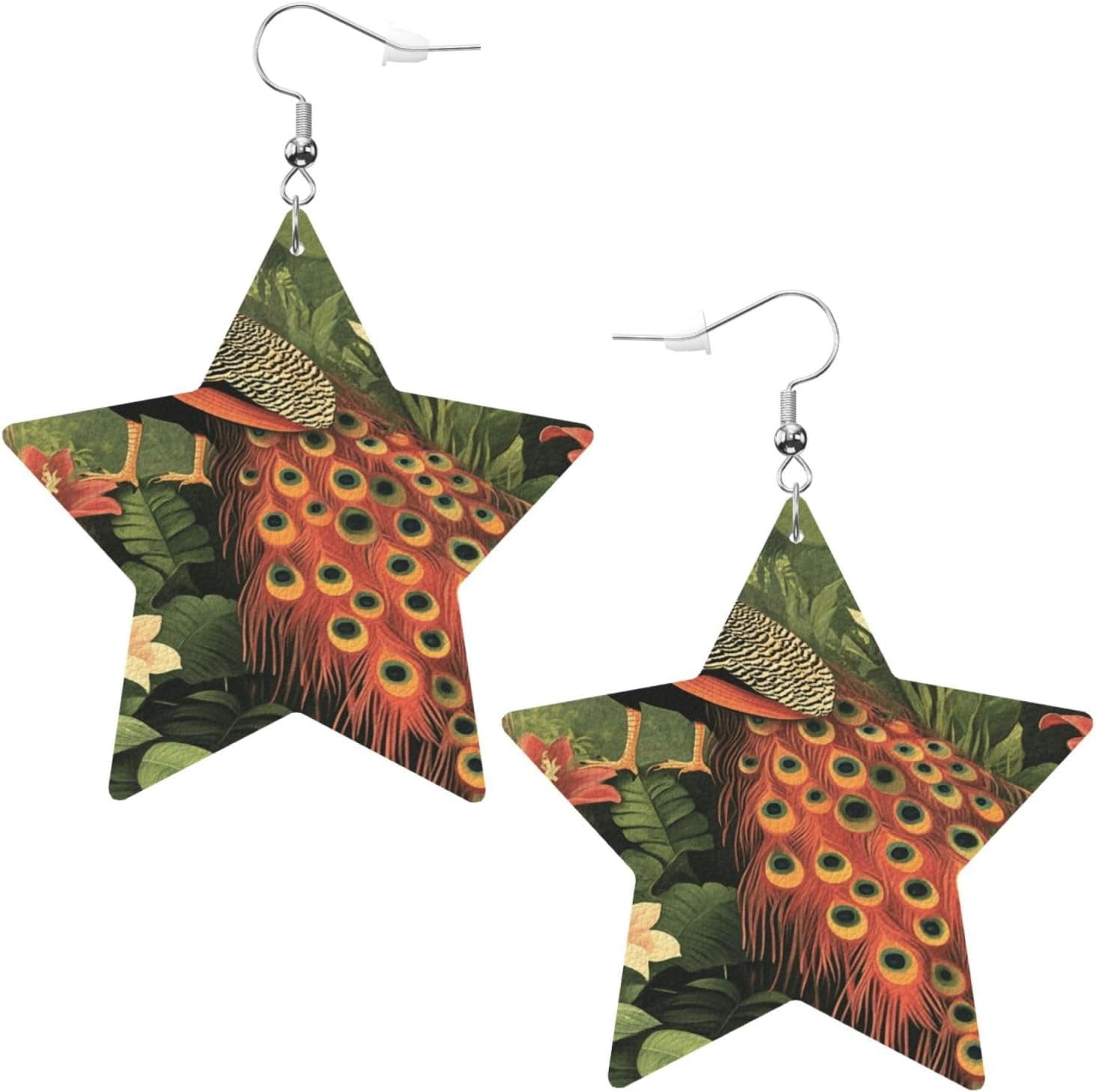 Forest Pro Peacock Earrings for Women PU Leather Dangle Earrings, Lightweight Star Shape Leather Teardrop Dangly Ear Pendants Jewelry Gift[c640]
