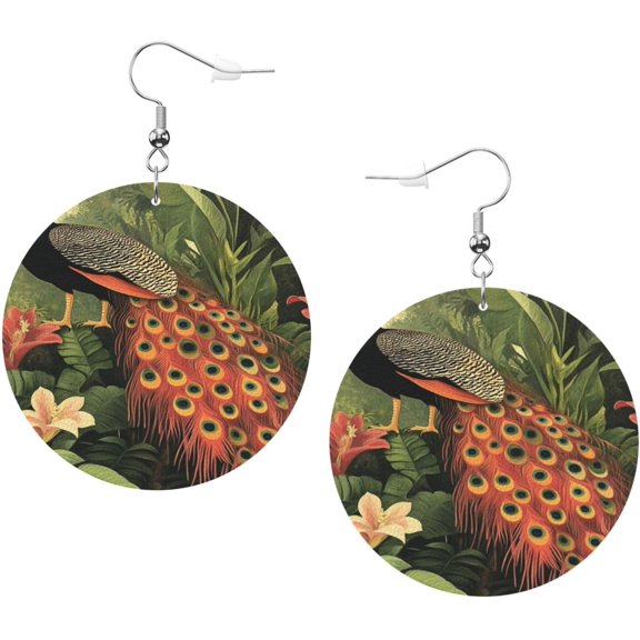 Forest Quality Peacock Earrings for Women PU Leather Dangle Earrings, Lightweight Round Shape Leather Teardrop Dangly Ear Pendants Jewelry Gift[f712]