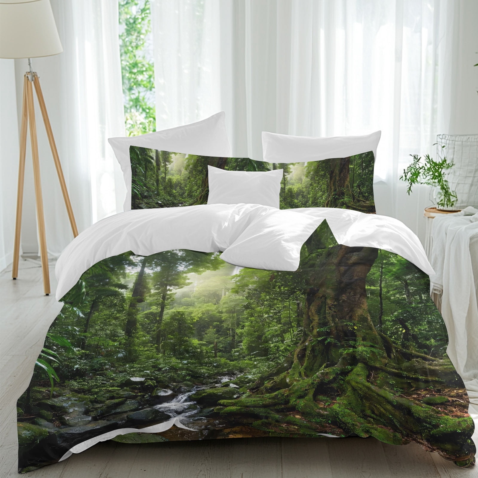 Forest Queen Duvet Cover Set, Landscapes Tree Streams 4 Piece Microfiber Bedding Set with Zipper Closure, Bed Sheet and 2 Pillow Shams, Soft Bedding Cover