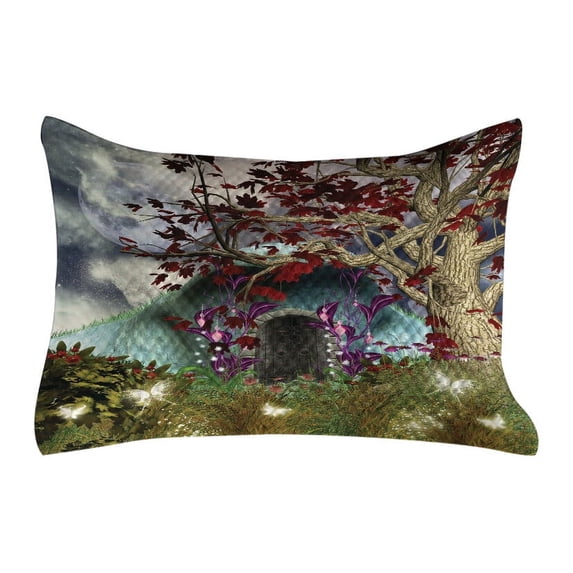 Forest Quilted Pillowcover, Dark Gothic Themed Scene with Magic Tree and Secret Cave Moon Illustration, Standard King Size Accent Pillow Cover for Bedroom, 36" x 20", Multicolor, by Ambesonne
