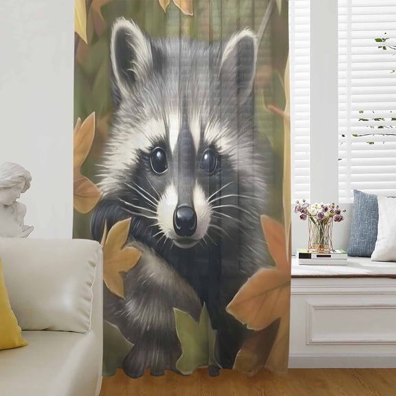 Forest Raccoon Animal Semi Sheer Curtains Drapes for Living Room, Bedroom, French Doors Window 63 Inches Long, Retro Fall Autumn Maple Leaves Rod Pocket Chiffon Curtain Drapery Voile Draperies Panel