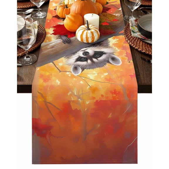 Forest Raccoon Animals Table Runner-Cotton Linen- 48 Inch Holiday Dresser Scarves, Autumn Birds Orange Red Maple Leaves Tablerunner for Kitchen Coffee/Dining Living Room Dinner Scarf Décor 13x48