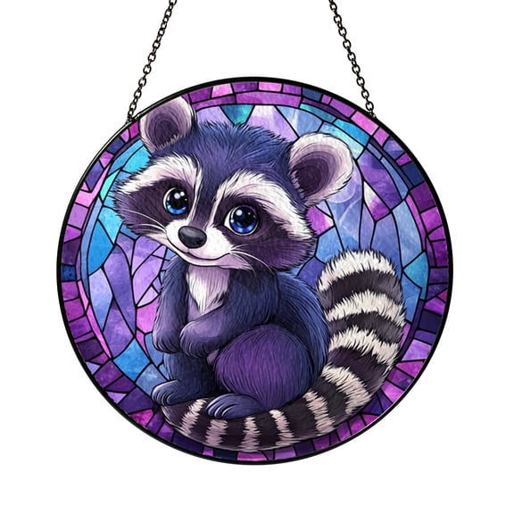Forest Raccoon Portrait Stained Glass Style Window Decor, Wildlife Inspired Hanging Art Panel