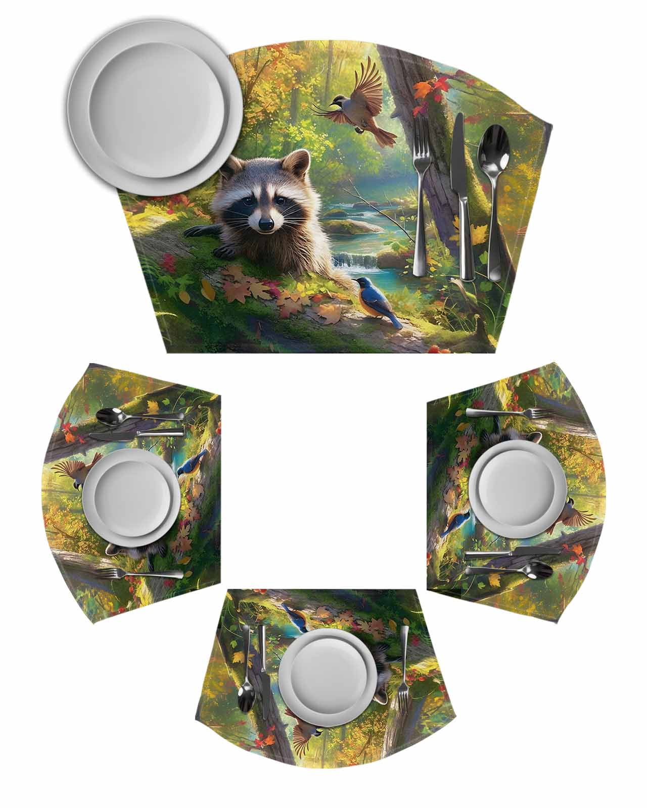 Forest Raccoon Round Placemats Set of 6, Animal Bird Mountains Tree ...