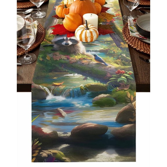Forest Raccoon Table Runner-Cotton Linen- 120 Inch Holiday Dresser Scarves, Animal Bird Mountains Tree Natural Landscape Tablerunner for Kitchen Coffee/Dining Living Room Dinner Scarf Décor 13x120