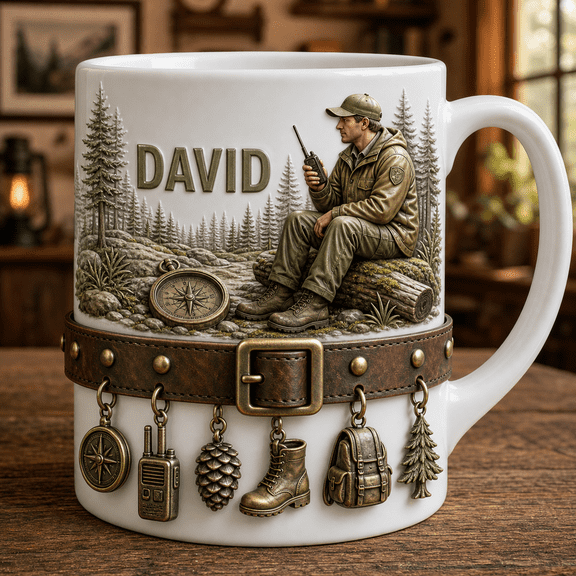 Forest Ranger Dad Custom Mug with Pine Trees, Radio & Compass, Father’s Day Gift