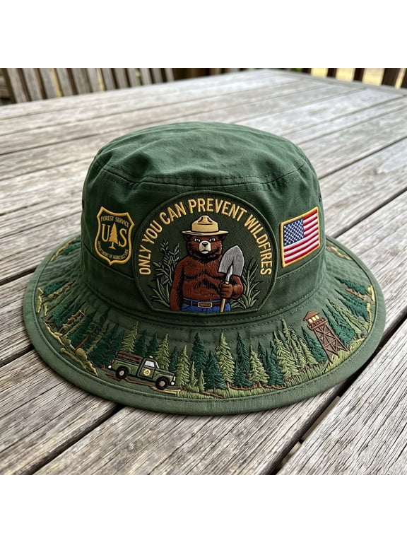 Forest Ranger Grizzly Bear Boonie Hat, Mountain Tree Print Wide Brim Bucket Hat, Sun Protection Outdoor Hat for Hiking Camping