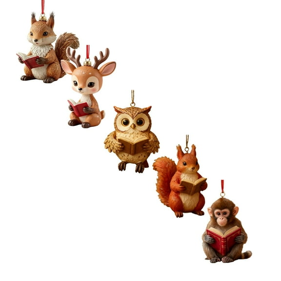 Forest Reading Animals Christmas Ornaments, 3.15 Inch 2D Acrylic Bookworm Animal Decorations, Cute Woodland Creature with Books Hanging Ornaments for Xmas Tree Home Party Decor -5 PCS